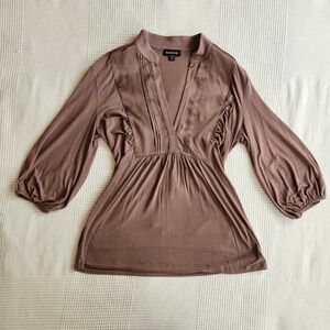 Vintage Bebe Y2K 2000s Brown Beige V-Neck Empire Waist Tunic Top Pleated Women M